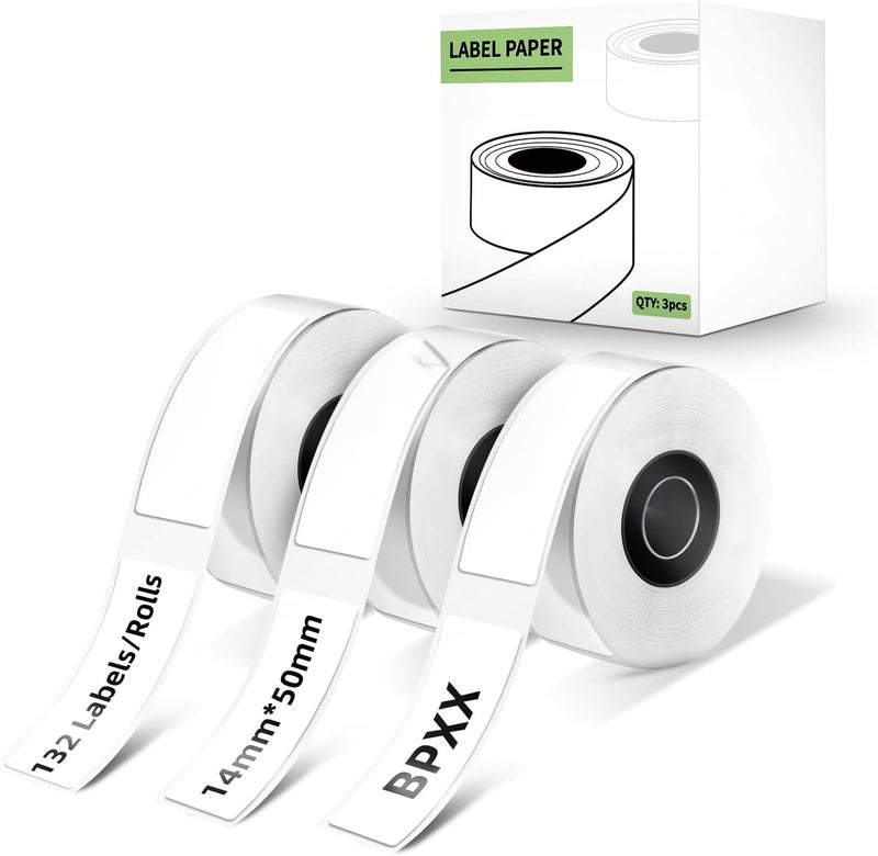 BPXX 3 لفات شريط طابعة الملصقات، 14 × 50 مم (0.55" × 1.97") ورق طابعة الملصقات، 132 ملصق/لفة، شريط ملصقات حراري متعدد الاستخدامات، مقاوم للماء، مقاوم للزيت للهدايا، المنزل، المدرسة، المكتب، أبيض - Image 1